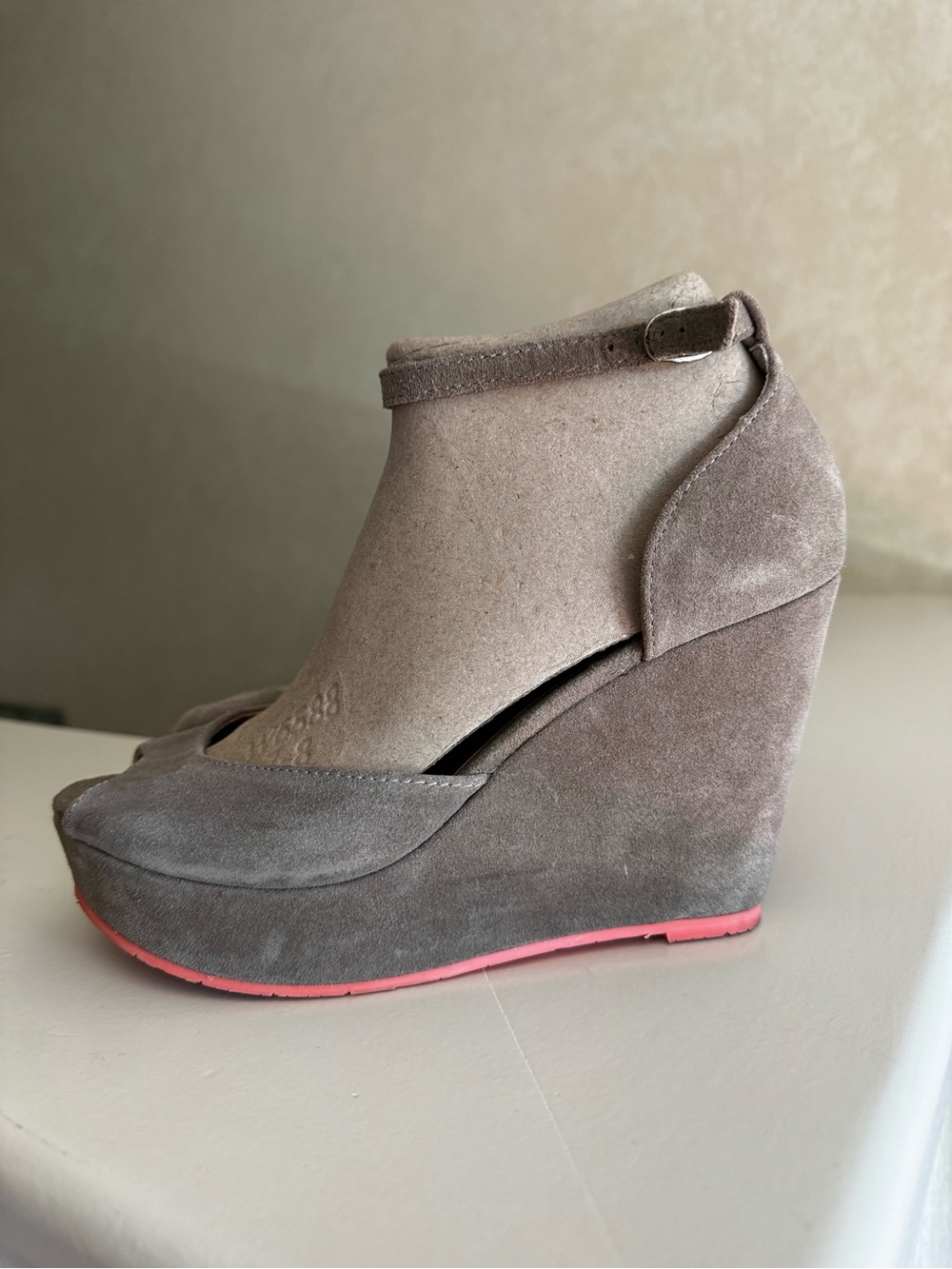 BC Suede Ankle-Strap Wedge Sandal in Taupe